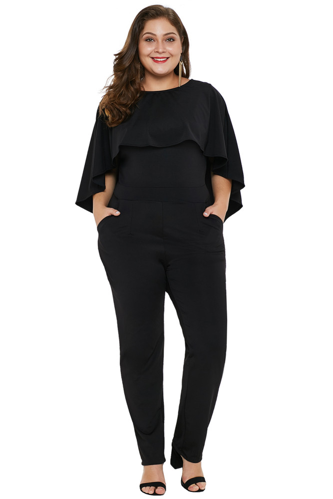Black Plus Size Cape Ruffle Jumpsuit