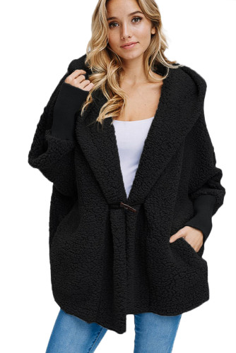 Black Woolen Fur Horn Button Oversize Jacket