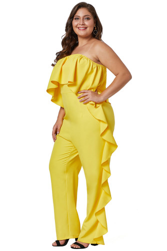 Yellow Prime Dreams Plus Size Strapless Ruffle Jumpsuit