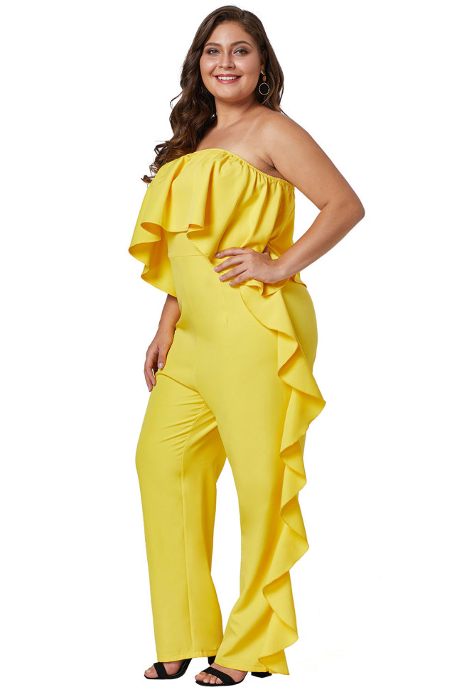 Yellow Prime Dreams Plus Size Strapless Ruffle Jumpsuit