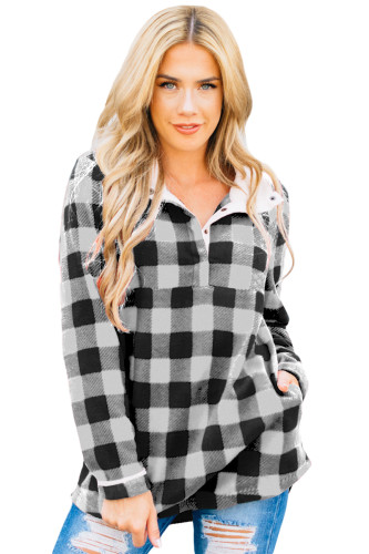 Black Plaid Fleece Pullover Sweatshirt