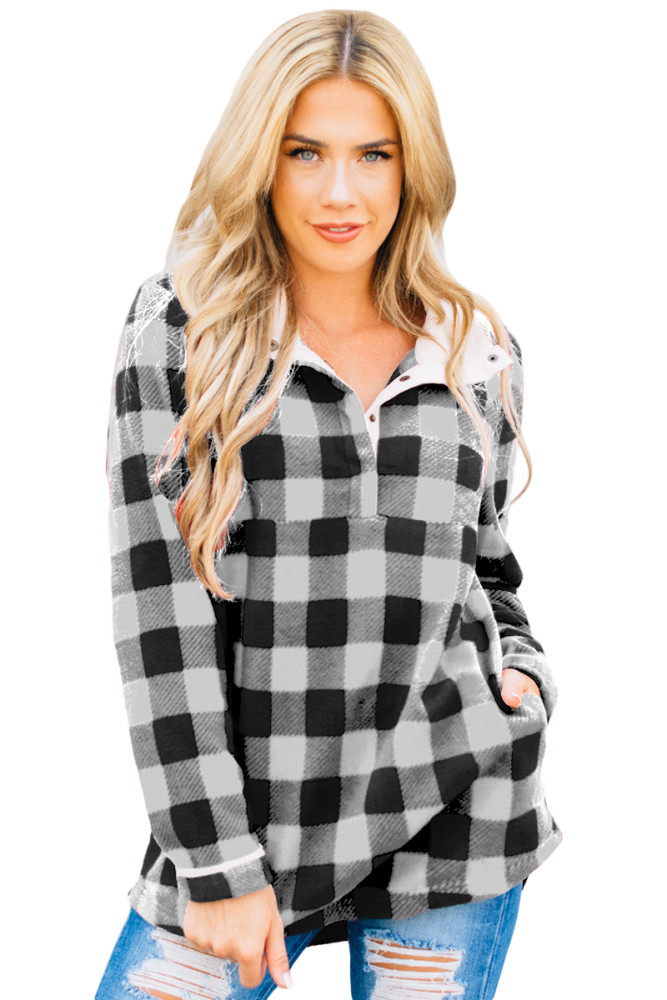 Black Plaid Fleece Pullover Sweatshirt