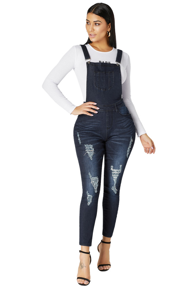 Dark Blue Wash Distressed Jeans Overalls