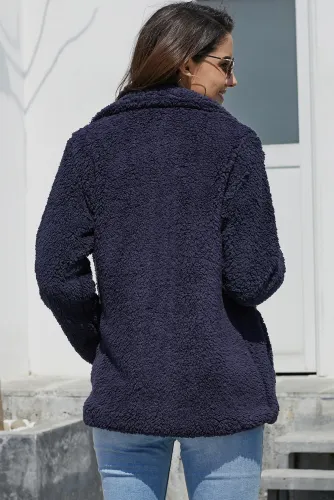 Navy Fleece Open Front Coat with Pockets