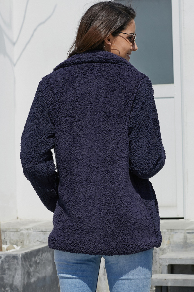 Navy Fleece Open Front Coat with Pockets
