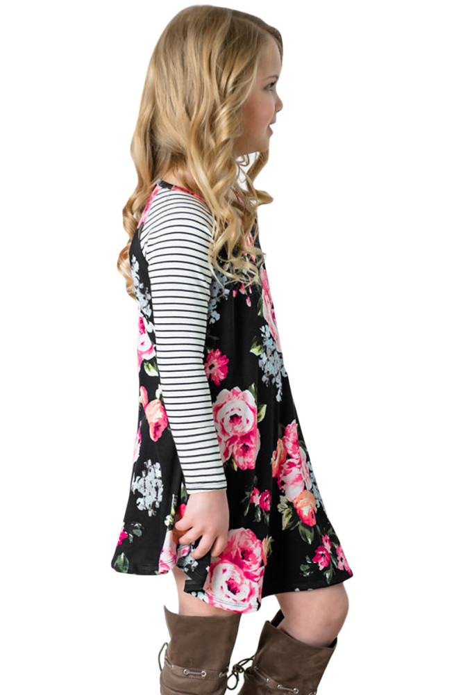 Black Spring Fling Floral Striped Sleeve Short Dress for Kids