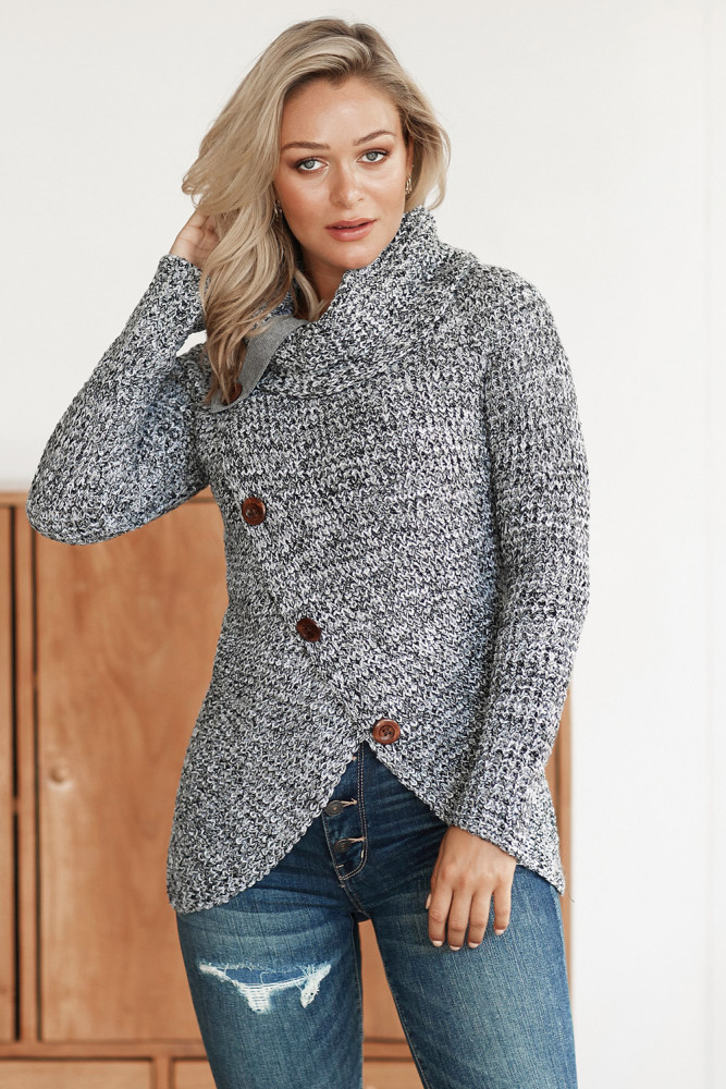 Heather Gray Buttoned Wrap Turtleneck Sweater
