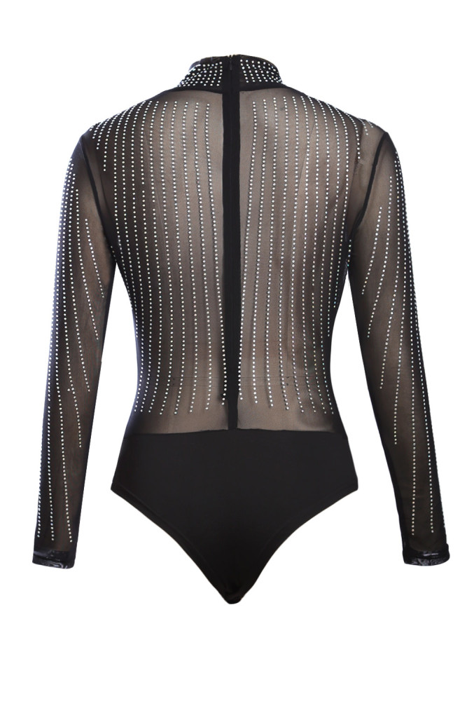Black Iridescent Rhinestone Studded Mock Neck Long Sleeves Bodysuit