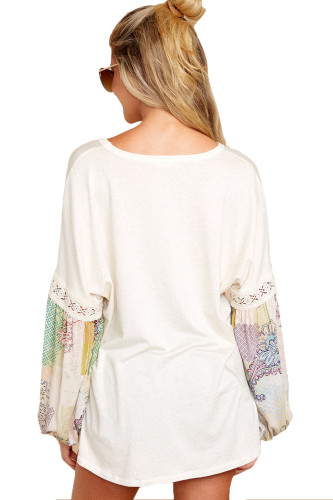 Printed Bubble Sleeve Splice White Tunic Top