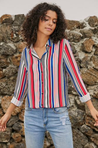 Red Blue Striped Modern Women Shirt