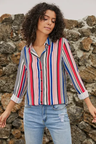 Red Blue Striped Modern Women Shirt
