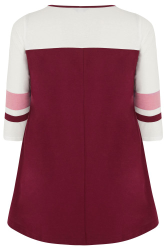Burgundy White Color Block Quarter Sleeved Plus Size Top