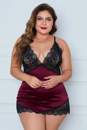 Red Lace Cups Silky Satin Plus Size Chemise