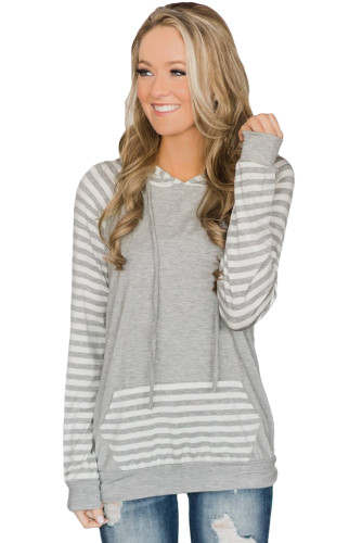 Light Gray Double Hooded Striped Sweatshirt