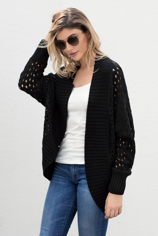 Black Hollow Out Knit Long Sleeves Cardigan