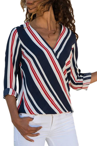 Red Accent Stripe Long Sleeve V Neck Shirt