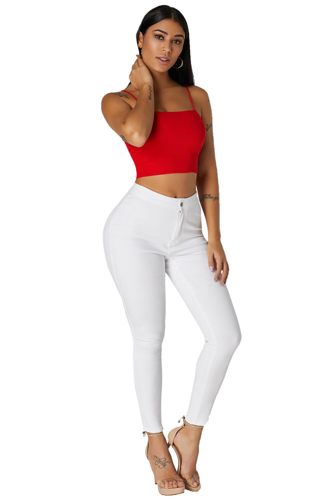 White High Waist Skinny Jeans with Round Pockets