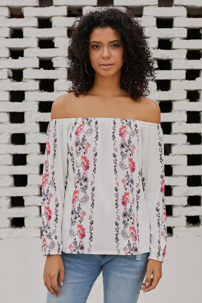 White Floral Print Elastic Off Shoulder Top