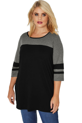 Black Charcoal Color Block Quarter Sleeved Plus Size Top