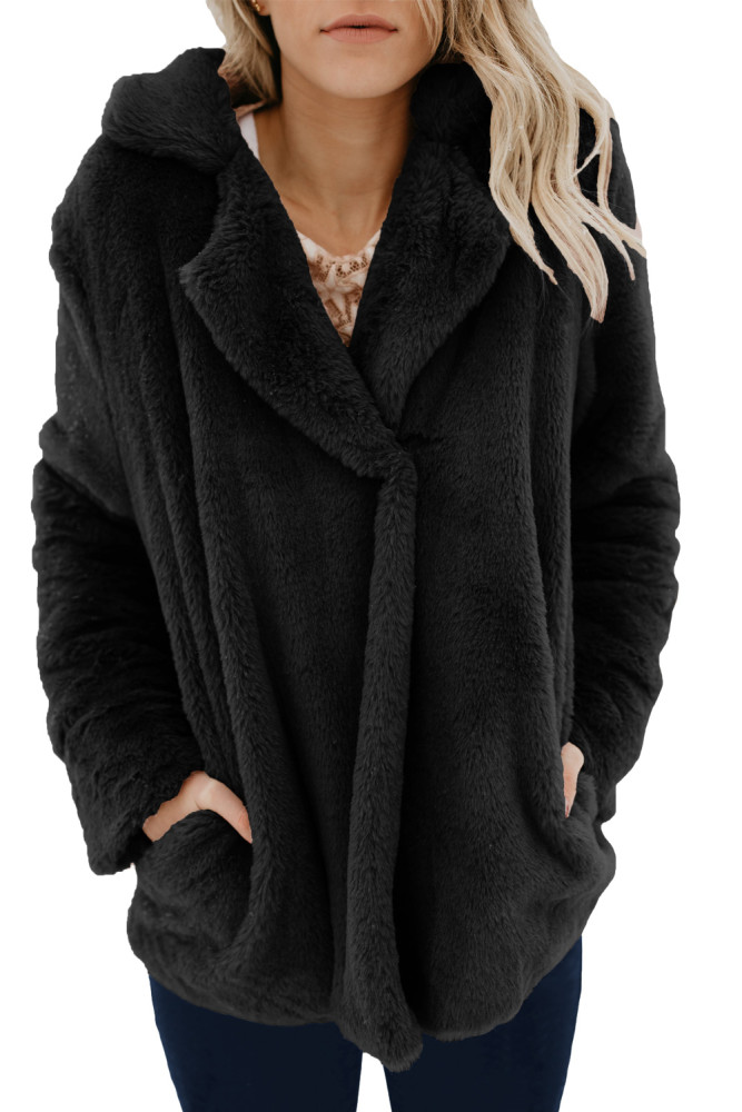 Black Pocket Style Fluffy Winter Coat