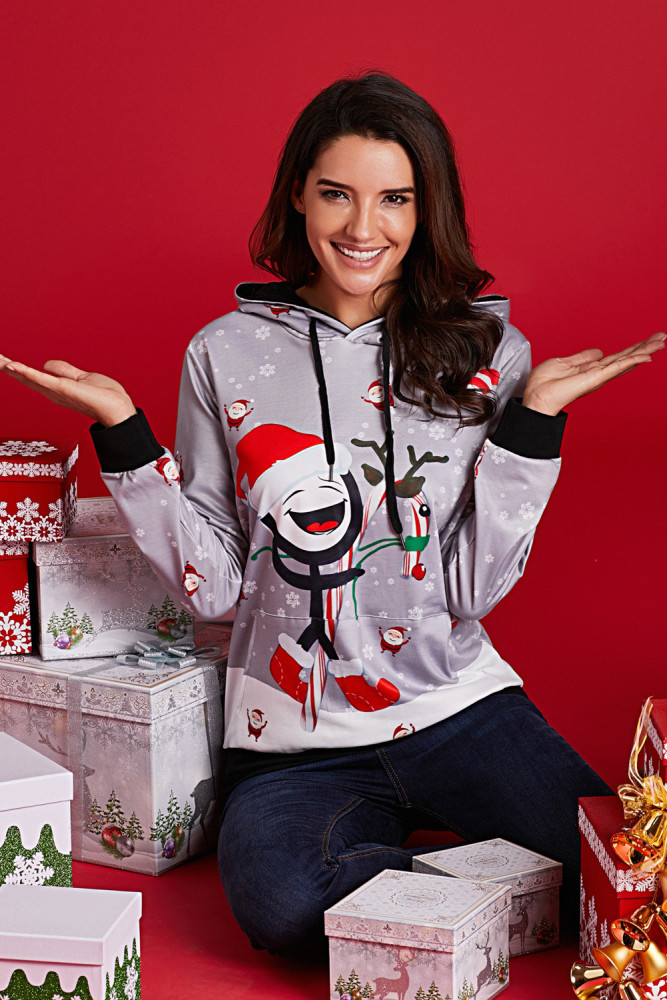 Gray Christmas Pullover Funky Pattern Hoodie