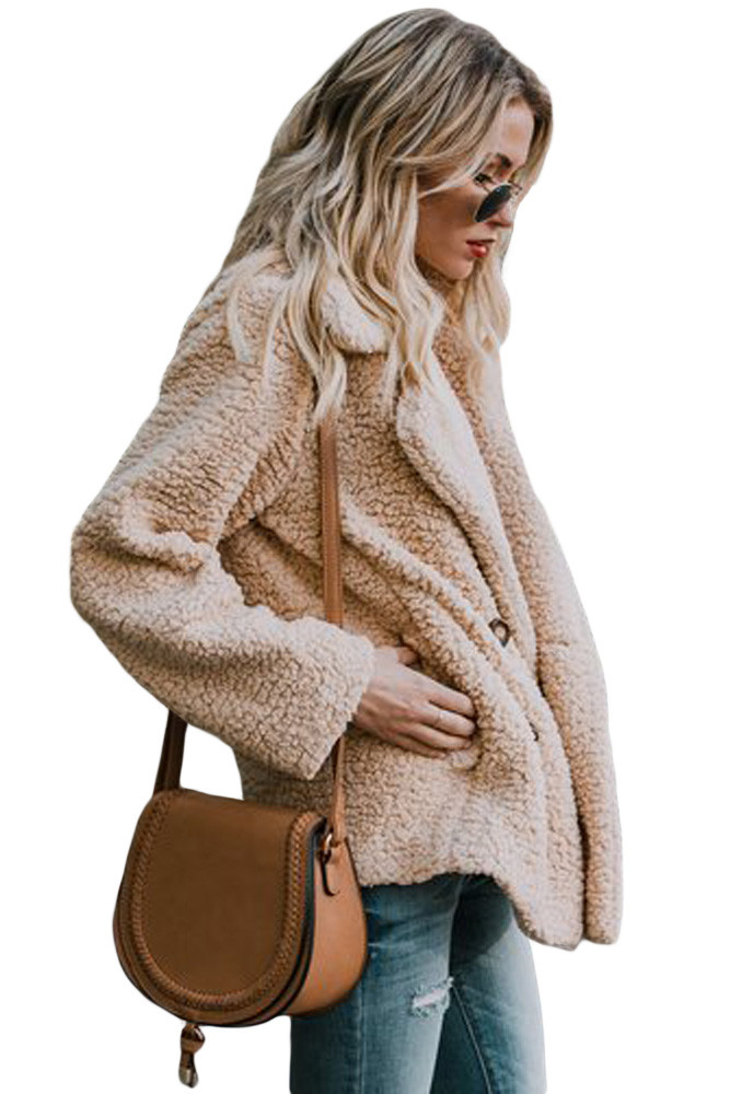 Khaki Fleece Open Front Coat with Pockets