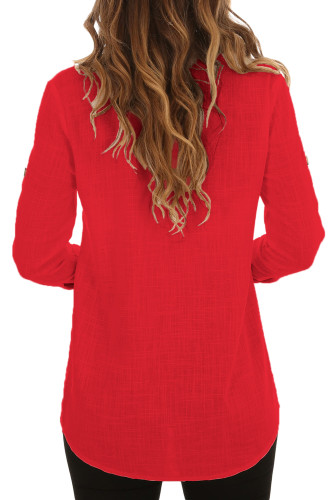 Red Buttoned Pockets Shawl Collar Linen Blouse