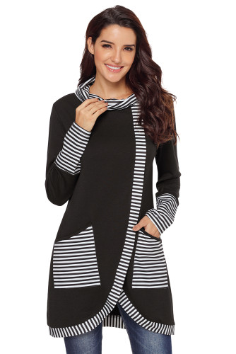 Black Asymmetric Striped Cowl Neck Top