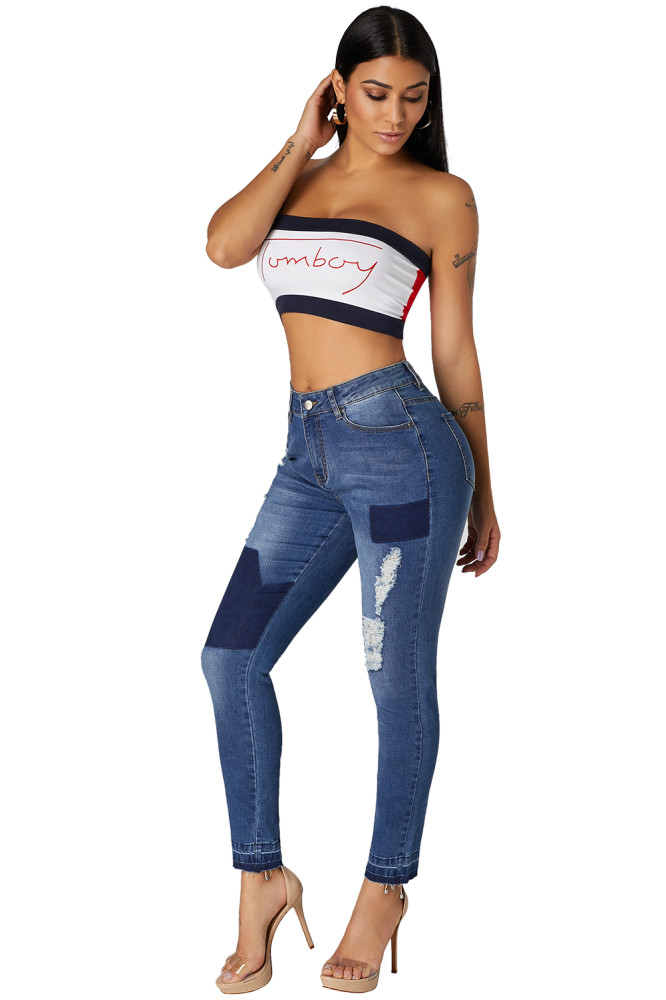 Blue Individual Patched Ripped Jeans