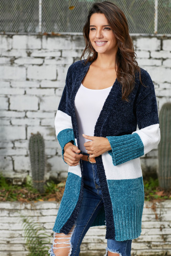 Blue White Colorblock Velvet Chenille Sweater Cardigan