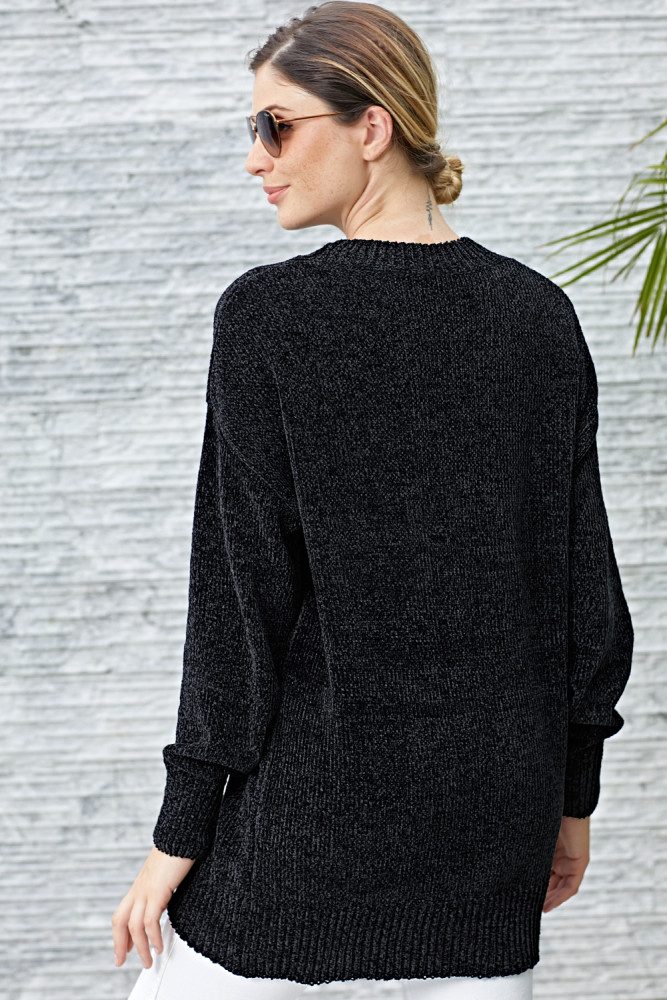 Black Cozy Scoop Neck Velvet Sweater