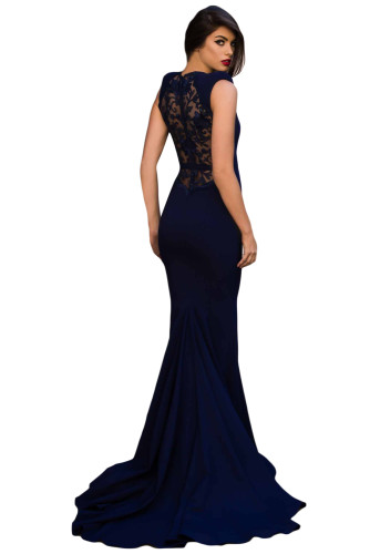 Blue Floral Embroidery Fishtail Evening Dress