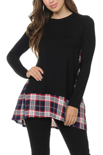 Black Plaid Patchwork Long Sleeve Tunic Top