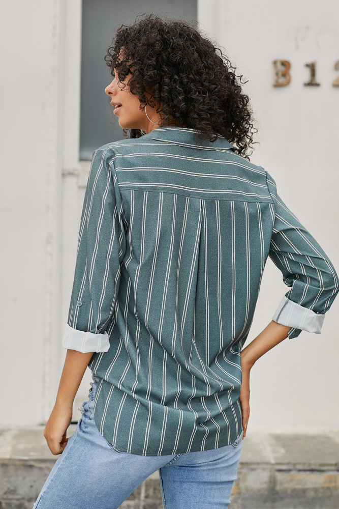 Olive Green Striped Button Detail Shirt for Women