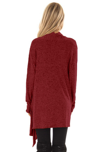 Burgundy Draped Open Front Asymmetrical Cardigan