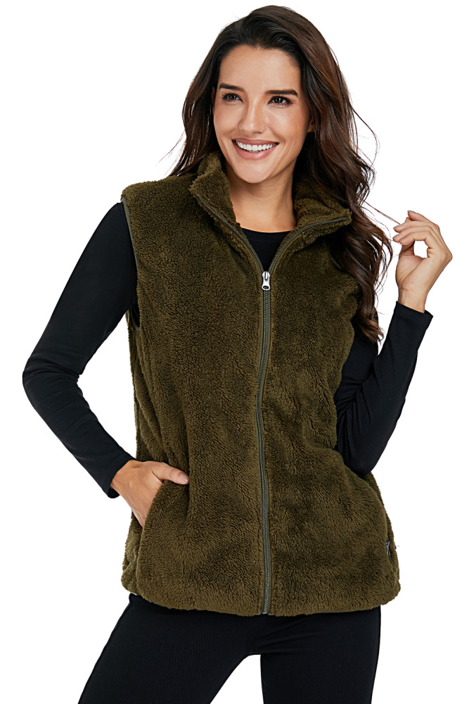 Olive Green Furry High Neck Vest Jacket