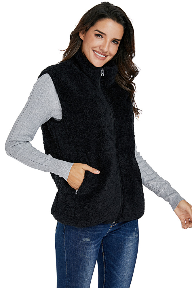 Black Furry High Neck Vest Jacket