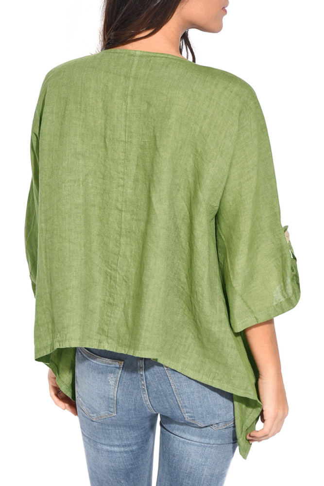 Green Roll Tab Sleeve Button Front Casual Shirt