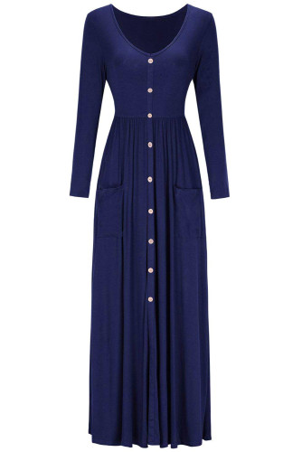 Navy Blue Button Front Pocket Style Casual Long Dress