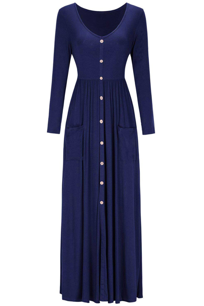 Navy Blue Button Front Pocket Style Casual Long Dress