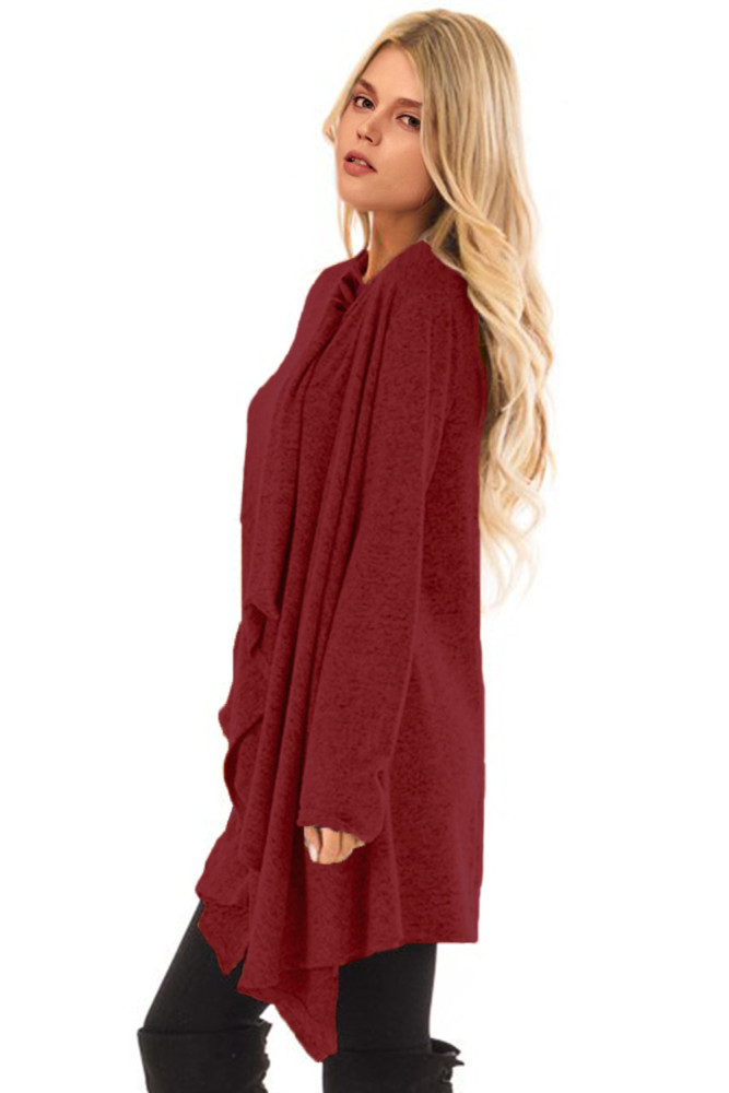 Burgundy Draped Open Front Asymmetrical Cardigan