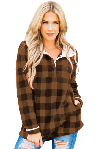 Brown Plaid Fleece Pullover Sweatshirt