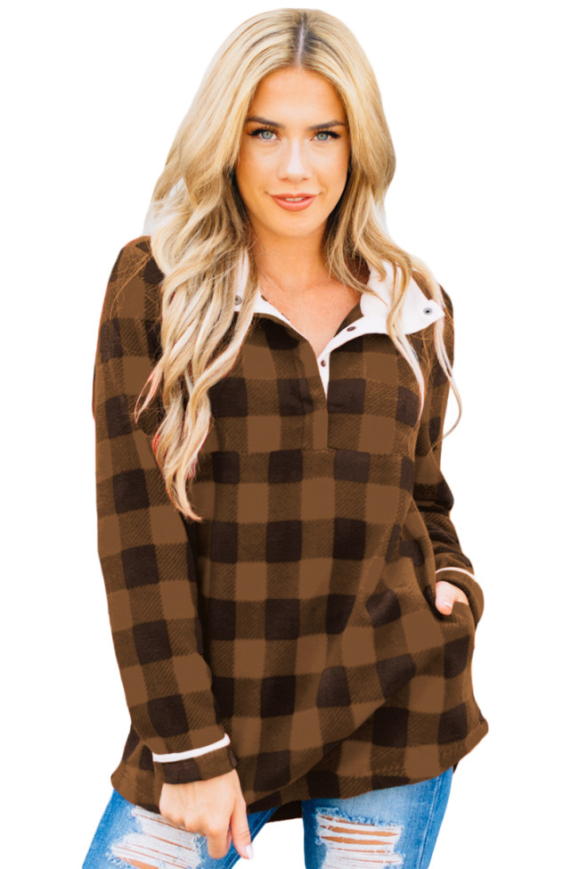 Brown Plaid Fleece Pullover Sweatshirt