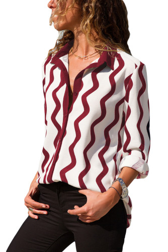 Burgundy White Wavy Stripes Button Down Blouse