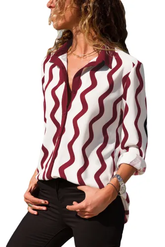 Burgundy White Wavy Stripes Button Down Blouse