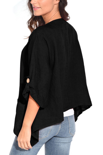 Black Roll Tab Sleeve Button Front Casual Shirt