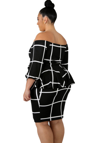 Black White Checked Plus Size Peplum Dress