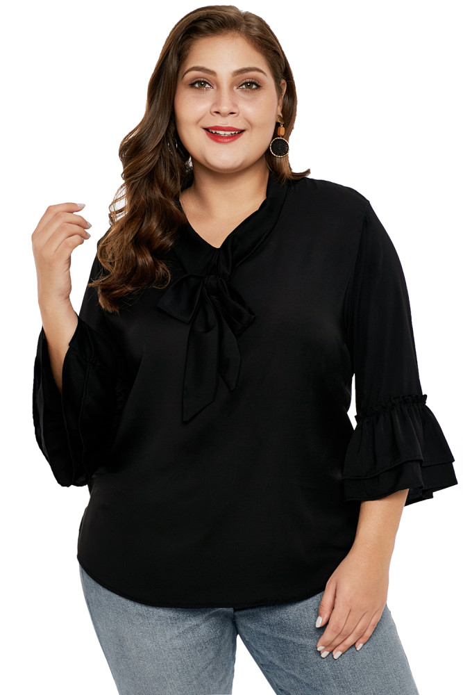 Black Tie Neck Ruffle Sleeved Plus Size Blouse