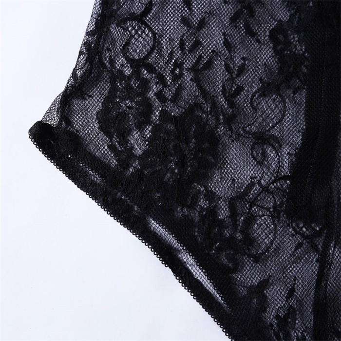 Black Long Sleeve Embroidery Lace Bodysuit