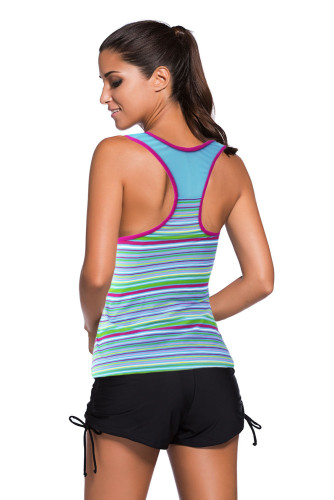 Blue Multicolor Striped Print Mesh Splice Tankini Top